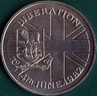 reverse of 50 Pence - Elizabeth II - Liberation of the Falkland Islands & the end of the Falkland Islands War (1982) coin with KM# 18 from Falkland Islands. Inscription: LIBERATION DESIRE THE RIGHT 14th JUNE 1982