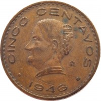 reverse of 5 Centavos (1942 - 1955) coin with KM# 424 from Mexico. Inscription: CINCO CENTAVOS 1946
