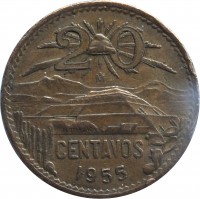 reverse of 20 Centavos - Type 1 National Emblem (1943 - 1955) coin with KM# 439 from Mexico. Inscription: 20 CENTAVOS 1955