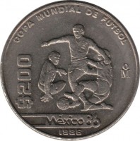 Mexico coin 200 Pesos - Football World Cup in Mexico (1986) reverse reverse of 200 Pesos - Football World Cup in Mexico (1986) coin with KM# 525 from Mexico. Inscription: COPA MUNDIAL DE FUTBOL $200 MEXICO86 1986