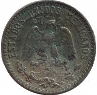 obverse of 20 Centavos (1920 - 1943) coin with KM# 438 from Mexico. Inscription: ESTADOS UNIDOS MEXICANOS 0.7 20