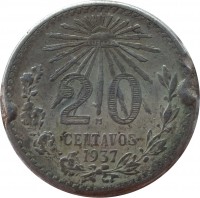 reverse of 20 Centavos (1920 - 1943) coin with KM# 438 from Mexico. Inscription: 20 CENTAVOS 1937