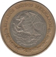 obverse of 10 Pesos - New millennium (2000 - 2001) coin with KM# 636 from Mexico. Inscription: ESTADOS UNIDOS MEXICANOS