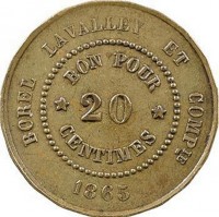 Brass coin Egypt KM# Tn5 BOREL LAVALLEY ET COMPIE. BON POUR * 20 * CENTIMES. 1865.