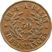 Copper coin Egypt KM# Tn2 CH. & A BAZIN. BON POUR 50 CENTIMES. ✶ SUBSISTANCES ✶.
