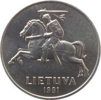 obverse of 2 Centai (1991) coin with KM# 86 from Lithuania. Inscription: LIETUVA 1991