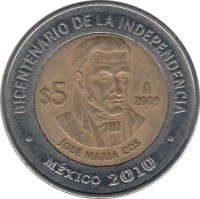 reverse of 5 Pesos - 200th Anniversary of the Independence: José María Cos (2009) coin with KM# 908 from Mexico. Inscription: BICENTENARIO DE LA INDEPENDENCIA $5 2009 JOSE MARIA COS MEXICO 2010