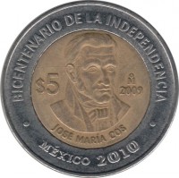 Mexico coin 5 Pesos - 200th Anniversary of the Independence: José María Cos (2009) reverse reverse of 5 Pesos - 200th Anniversary of the Independence: José María Cos (2009) coin with KM# 908 from Mexico. Inscription: BICENTENARIO DE LA INDEPENDENCIA $5 2009 JOSE MARIA COS MEXICO 2010
