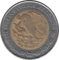 obverse of 5 Nuevos Pesos (1992 - 1995) coin with KM# 552 from Mexico. Inscription: ESTADOS UNIDOS MEXICANOS