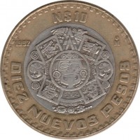 Mexico coin 10 Nuevos Pesos (1992 - 1995) reverse reverse of 10 Nuevos Pesos (1992 - 1995) coin with KM# 553 from Mexico. Inscription: N$10 1992 DIEZ NUEVOS PESOS