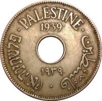 obverse of 10 Mils (1927 - 1947) coin with KM# 4 from Palestine. Inscription: PALESTINE 1939 ١٩٢٧ فلسطين