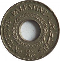 Palestine coin 5 Mils (1927 - 1947) obverse obverse of 5 Mils (1927 - 1947) coin with KM# 3 from Palestine. Inscription: פלשתינה(אי) · PALESTINE · فلسطين 1935