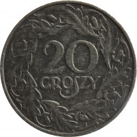 reverse of 20 Groszy - Non magnetic (1941 - 1944) coin with Y# 37 from Poland. Inscription: 20 GROSZY
