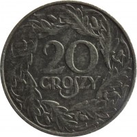 Poland coin 20 Groszy - Non magnetic (1941 - 1944) reverse reverse of 20 Groszy - Non magnetic (1941 - 1944) coin with Y# 37 from Poland. Inscription: 20 GROSZY