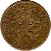 Poland coin 5 Groszy (1923) obverse obverse of 5 Groszy (1923) coin with Y# 10 from Poland. Inscription: · 1923 · RZECZPOSPOLITA POLSKA