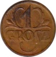 reverse of 1 Grosz (1923 - 1939) coin with Y# 8a from Poland. Inscription: 1 GROSZ