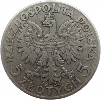 obverse of 5 Złotych (1932 - 1934) coin with Y# 21 from Poland. Inscription: RZECZPOSPOLITA POLSKA 19 34 5 ZŁOTYCH 5