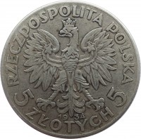 Poland coin 5 Złotych (1932 - 1934) obverse obverse of 5 Złotych (1932 - 1934) coin with Y# 21 from Poland. Inscription: RZECZPOSPOLITA POLSKA 19 34 5 ZŁOTYCH 5