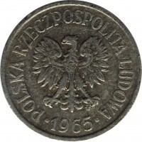 obverse of 20 Groszy (1957 - 1985) coin with Y# A47 from Poland. Inscription: POLSKA RZECZPOSPOLITA LUDOWA 1965