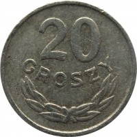 reverse of 20 Groszy (1957 - 1985) coin with Y# A47 from Poland. Inscription: 20 GROSZY