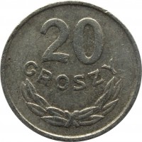 Poland coin 20 Groszy (1957 - 1985) reverse reverse of 20 Groszy (1957 - 1985) coin with Y# A47 from Poland. Inscription: 20 GROSZY