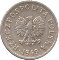 obverse of 10 Groszy (1949) coin with Y# 42 from Poland. Inscription: RZECZPOSPOLITA POLSKA · 1949 ·