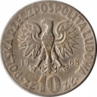 Poland coin 10 Złotych - Smaller (1967 - 1969) obverse obverse of 10 Złotych - Smaller (1967 - 1969) coin with Y# 51a from Poland. Inscription: POLSKA RZECZPOSPOLITA LUDOWA 1968 MW · ZŁ · 10 ZŁ ·