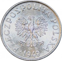 Poland coin 2 Grosze (1949) obverse obverse of 2 Grosze (1949) coin with Y# 40 from Poland. Inscription: RZECZPOSPOLITA POLSKA · 1949 ·