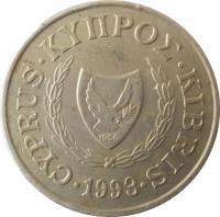 obverse of 20 Cents (1989 - 2004) coin with KM# 62 from Cyprus. Inscription: CYPRUS ΚΥΠΡΟΣ KIBRIS 1960 1993