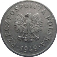 obverse of 50 Groszy (1949) coin with Y# 44a from Poland. Inscription: RZECZPOSPOLITA POLSKA · 1949 ·