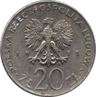 Poland coin 20 Złotych - International Women's Year (1975) obverse obverse of 20 Złotych - International Women's Year (1975) coin with Y# 75 from Poland. Inscription: POLSKA RZECZPOSPOLITA LUDOWA 19 75 Zł 20 Zł