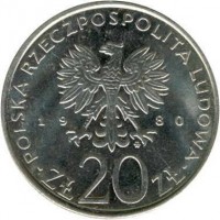 obverse of 20 Złotych - 1980 Olympics (1980) coin with Y# 108 from Poland. Inscription: POLSKA RZECZPOSPOLITA LUDOWA 1980 ZŁ 20 ZŁ