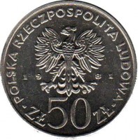 obverse of 50 Złotych - FAO - World Food Day (1981) coin with Y# 127 from Poland. Inscription: POLSKA RZECZPOSPOLITA LUDOWA 19 81 ZŁ 50 ZŁ