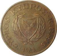 obverse of 20 Cents (1983 - 1988) coin with KM# 57 from Cyprus. Inscription: CYPRUS · ΚΥΠPΟΣ · KIBRIS · 1983 1960