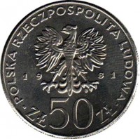 Poland coin 50 Złotych - Władysław I Herman (1981) obverse obverse of 50 Złotych - Władysław I Herman (1981) coin with Y# 128 from Poland. Inscription: POLSKA RZECZPOSPOLITA LUDOWA 19 81 ZŁ 50 ZŁ