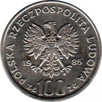 obverse of 100 Złotych - Przemyslaw II (1985) coin with Y# 155 from Poland. Inscription: POLSKA RZECZPOSPOLITA LUDOWA 19 85 ZŁ 100 ZŁ