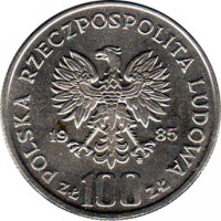 Poland coin 100 Złotych - Przemyslaw II (1985) obverse obverse of 100 Złotych - Przemyslaw II (1985) coin with Y# 155 from Poland. Inscription: POLSKA RZECZPOSPOLITA LUDOWA 19 85 ZŁ 100 ZŁ