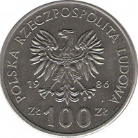 obverse of 100 Złotych - Wladyslaw I Lokietek (1986) coin with Y# 160 from Poland. Inscription: POLSKA RZECZPOSPOLITA LUDOWA 19 86 ZŁ 100 ZŁ