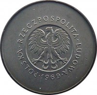 obverse of 10 Złotych - 25 Years of People's Republic of Poland (1969) coin with Y# 61 from Poland. Inscription: POLSKA · RZECZPOSPOLITA · LUDOWA · 1968 · mw