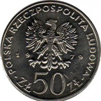 Poland coin 50 Złotych - Mieszko I (1979) obverse obverse of 50 Złotych - Mieszko I (1979) coin with Y# 100 from Poland. Inscription: POLSKA RZECZPOLSPOLITA LUDOWA 19 79 ZŁ 50 ZŁ