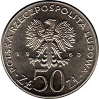Poland coin 50 Złotych - Jan III Sobieski (1983) obverse obverse of 50 Złotych - Jan III Sobieski (1983) coin with Y# 145 from Poland. Inscription: POLSKA RZECZPOSPOLITA POLSKA 19 83 zł 50 zł
