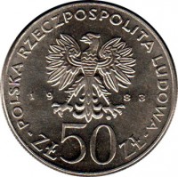 obverse of 50 Złotych - Jan III Sobieski (1983) coin with Y# 145 from Poland. Inscription: POLSKA RZECZPOSPOLITA POLSKA 19 83 zł 50 zł