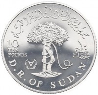 Silver coin Sudan KM# P18 جمهورية السودان الديمقراطية. 10 ١٠. TEN عشرة POUNDS جنيهات D.R. of SUDAN.