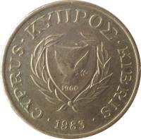 obverse of 1 Cent (1983 - 2004) coin with KM# 53 from Cyprus. Inscription: CYPRUS · ΚΥΠΡΟΣ · KIBRIS · 1983