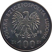 obverse of 100 Złotych - Greater Poland Uprising (1988) coin with Y# 182 from Poland. Inscription: POLKA RZECZPOSPOLITA LUDOWA 1988 Zł 100 Zł