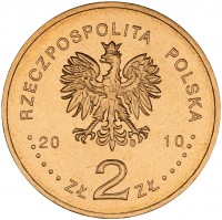 obverse of 2 Złote - Auschwitz-Birkenau Liberation (2010) coin with Y# 712 from Poland. Inscription: RZECZPOSPOLITA POLSKA 2010 ZŁ 2 ZŁ