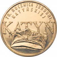 Poland coin 2 Złote - Massacre of Katyn (2010) reverse reverse of 2 Złote - Massacre of Katyn (2010) coin with Y# 721 from Poland. Inscription: 70. ROCZNICA ZBRODNI KATYNSKIEJ KATYN