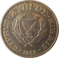 obverse of 10 Cents (1983 - 2004) coin with KM# 56 from Cyprus. Inscription: CYPRUS · ΚΥΠPΟΣ · KIBRIS · 1983 1960