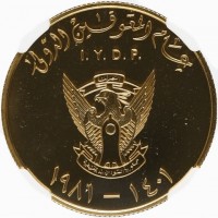 Gold coin Sudan KM# 91 عام المعوقين الدولي. I.Y.D.P. النصر لنا. ١٤٠١. ١٩٨١. جمهورية السودان الديمقراطية.