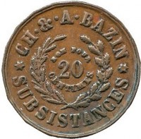 Copper coin Egypt KM# Tn1 CH • & • A • BAZIN. BON POUR. 20. CENTIMES. ✶ SUBSISTANCES ✶.